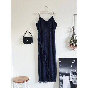 Alexa B Nites Maxi Dress Womans L Navy Blue Ruffle Sparkle Formal Cocktail